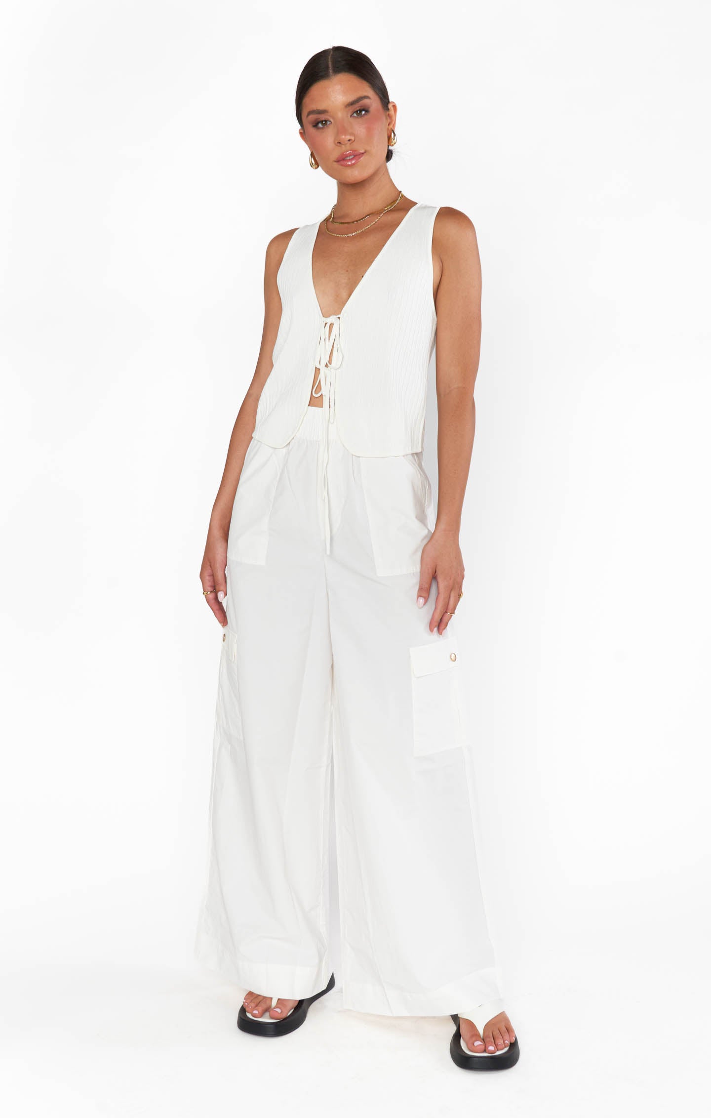 White Casual Cargo Pants with Elastic Waist & Pockets | Lightweight