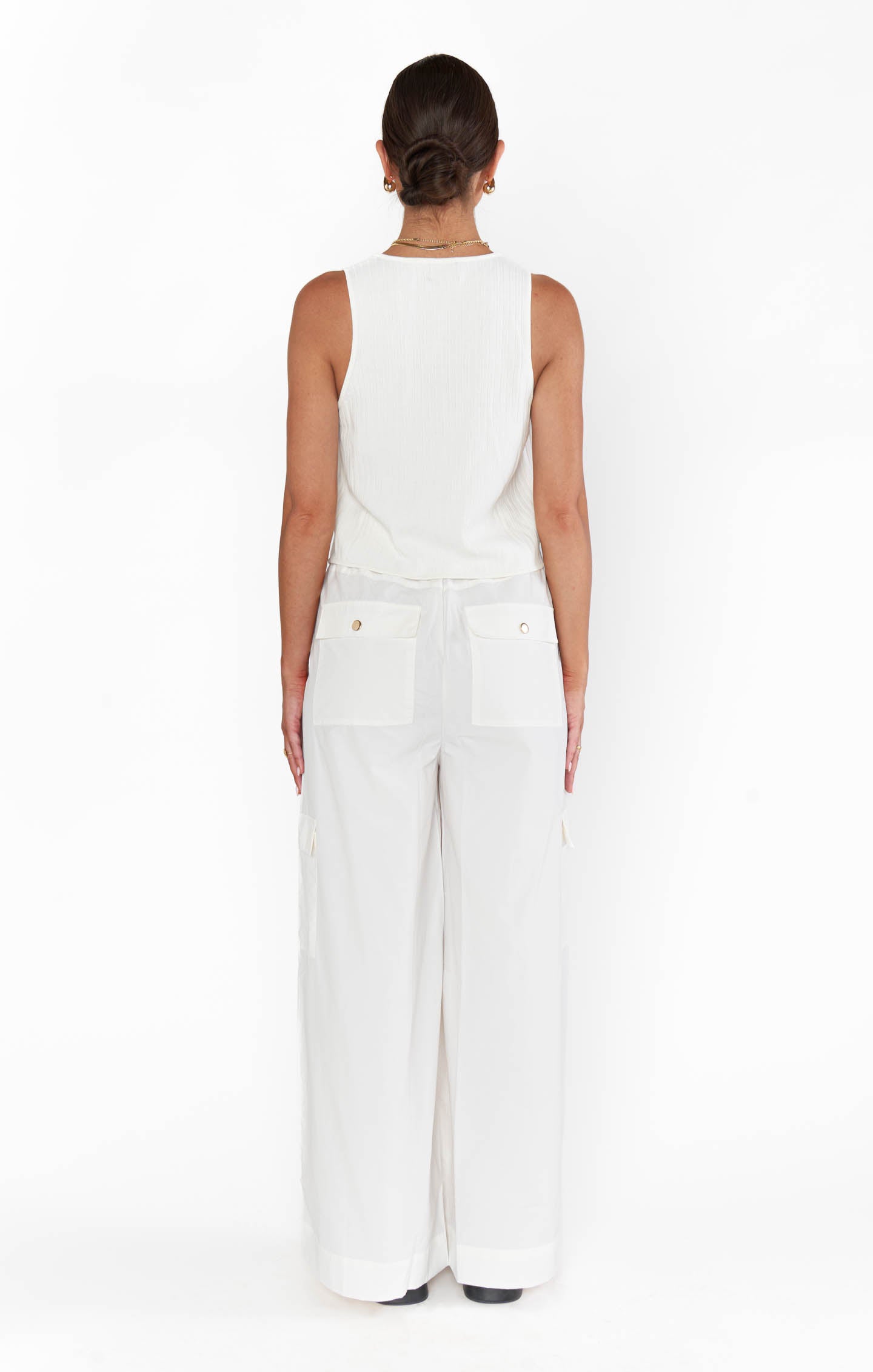 White Casual Cargo Pants with Elastic Waist & Pockets | Lightweight