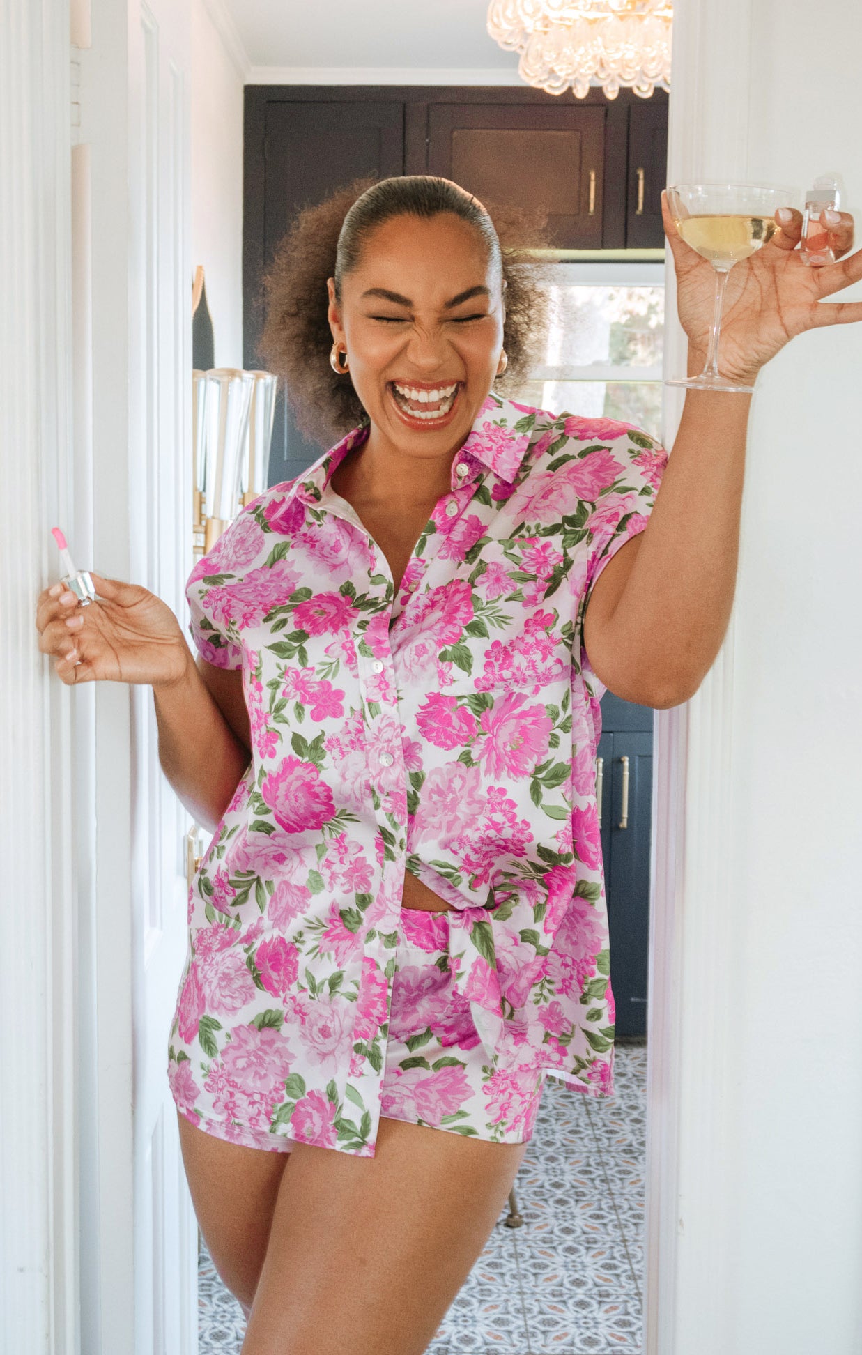 Floral Satin Shorts with Elastic Waist | Glam Time Cottage Pink