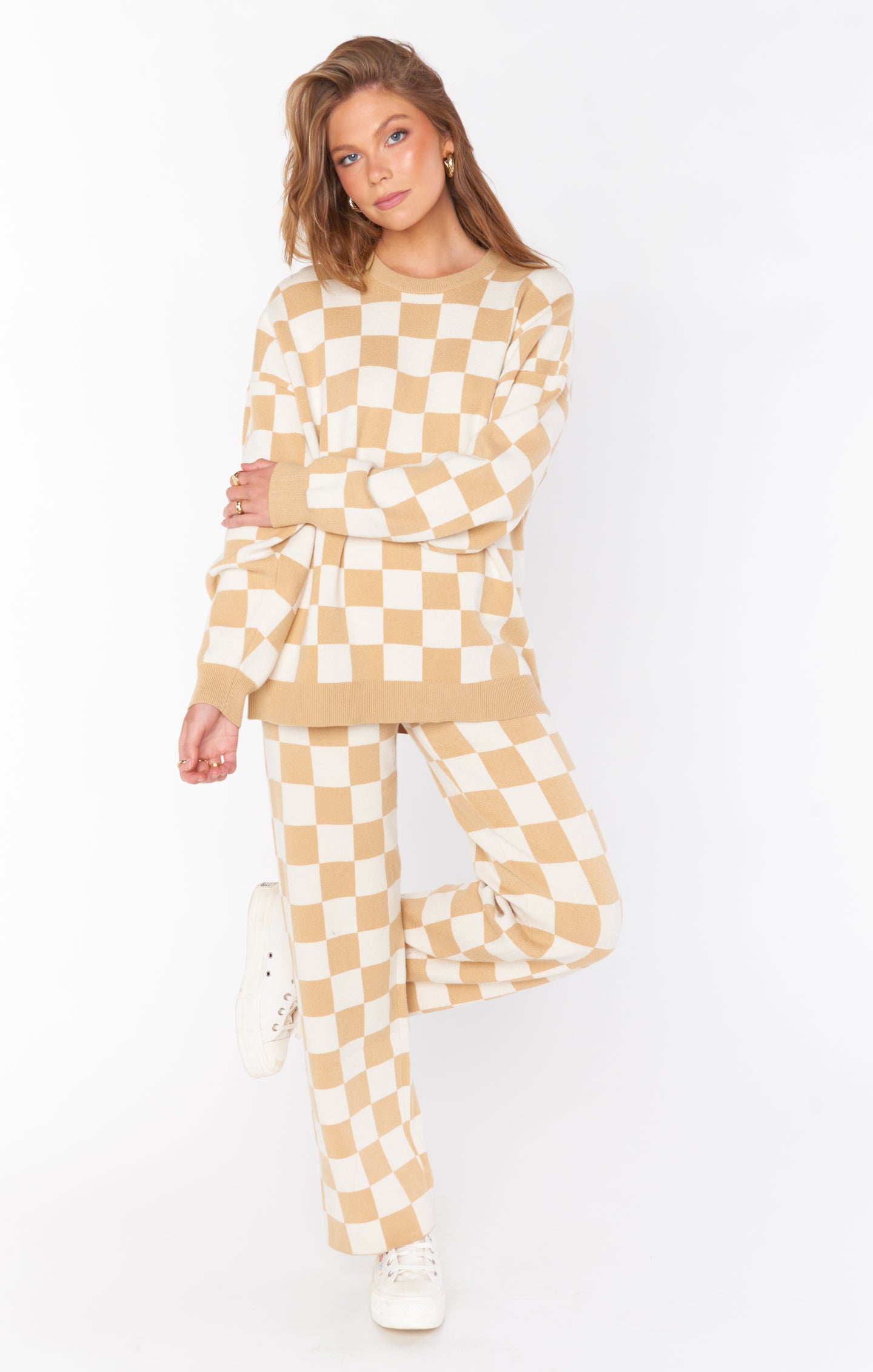 Knit Sweater Pants in Tan Checker Pattern | Zermatt