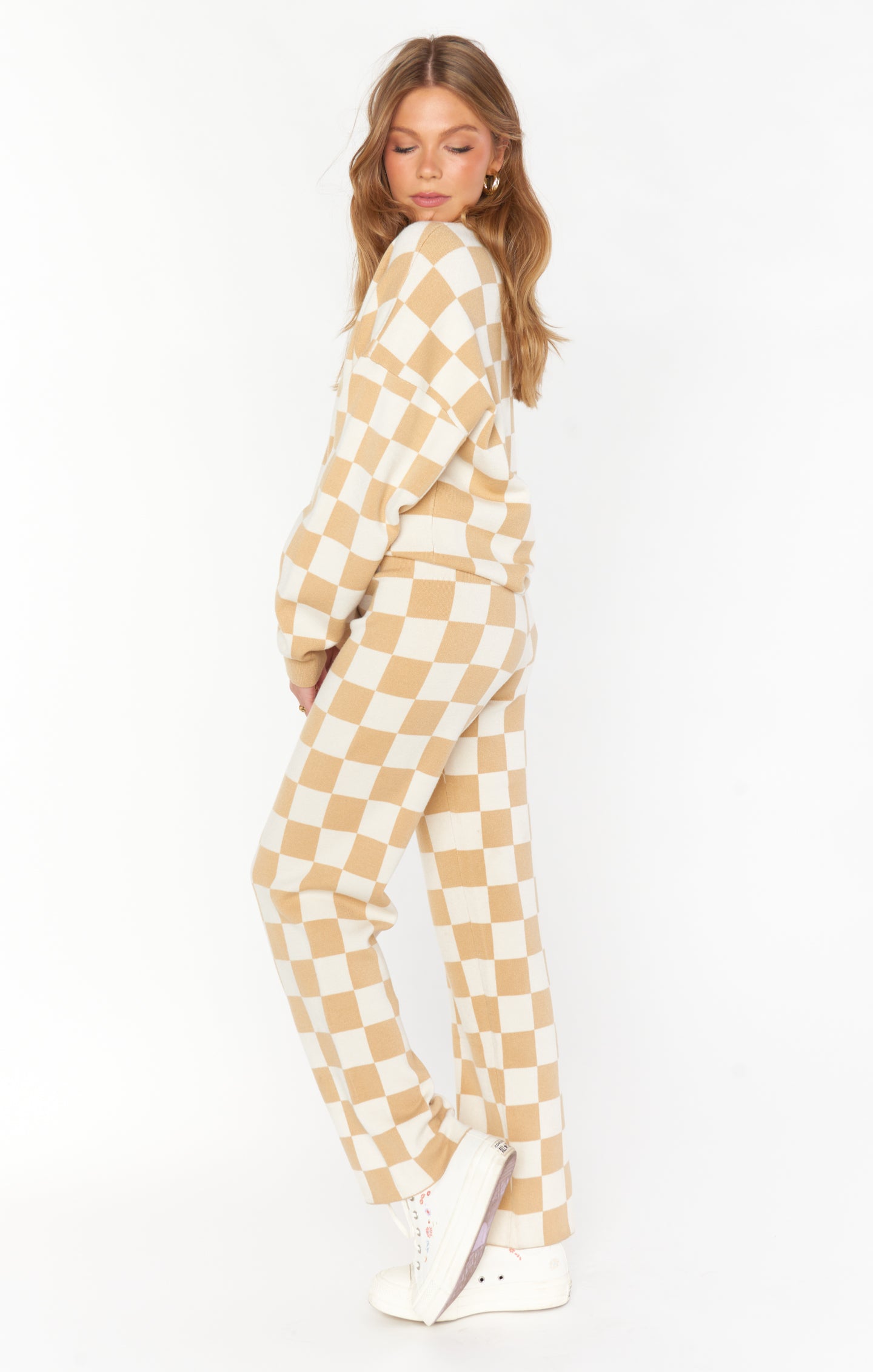 Knit Sweater Pants in Tan Checker Pattern | Zermatt