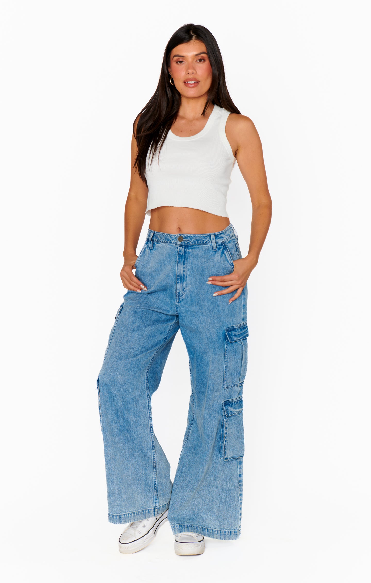 Vintage Cargo Jeans with Wide Legs & Pockets | Mountain Mist