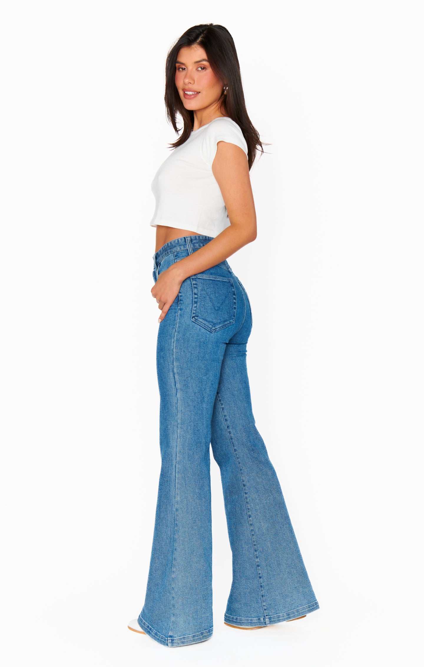 70s High-Waist Flare Jeans with Stretch Denim | Hawn Bell
