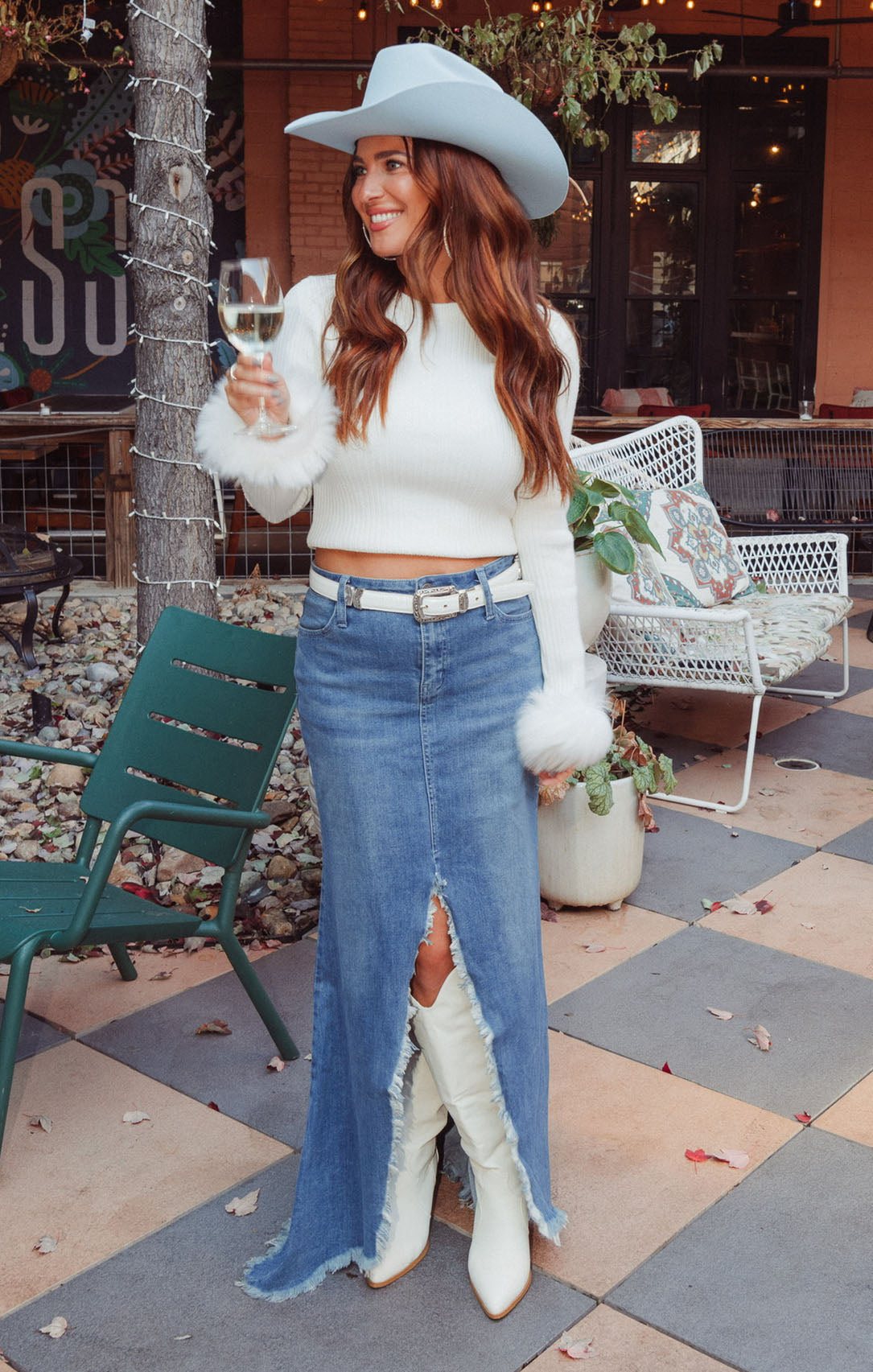 Retro High Waist Denim Maxi Skirt with Slit | Reba