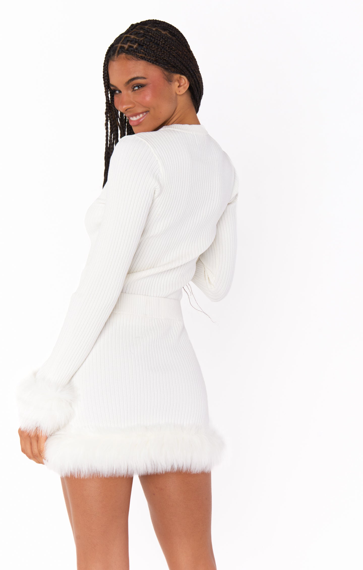 White Knit Mini Skirt with Faux Fur Hem | Fran Skirt