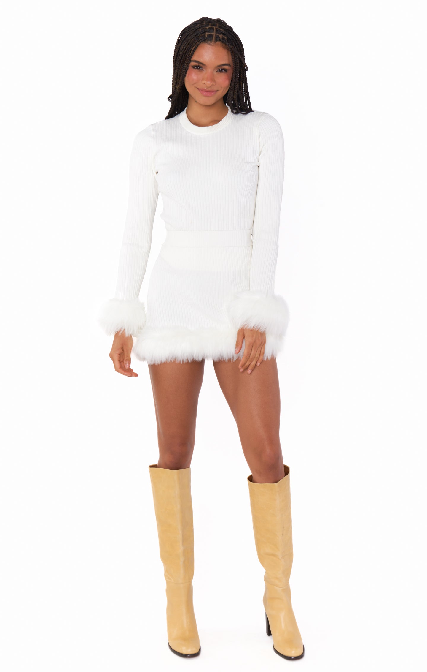 White Knit Mini Skirt with Faux Fur Hem | Fran Skirt