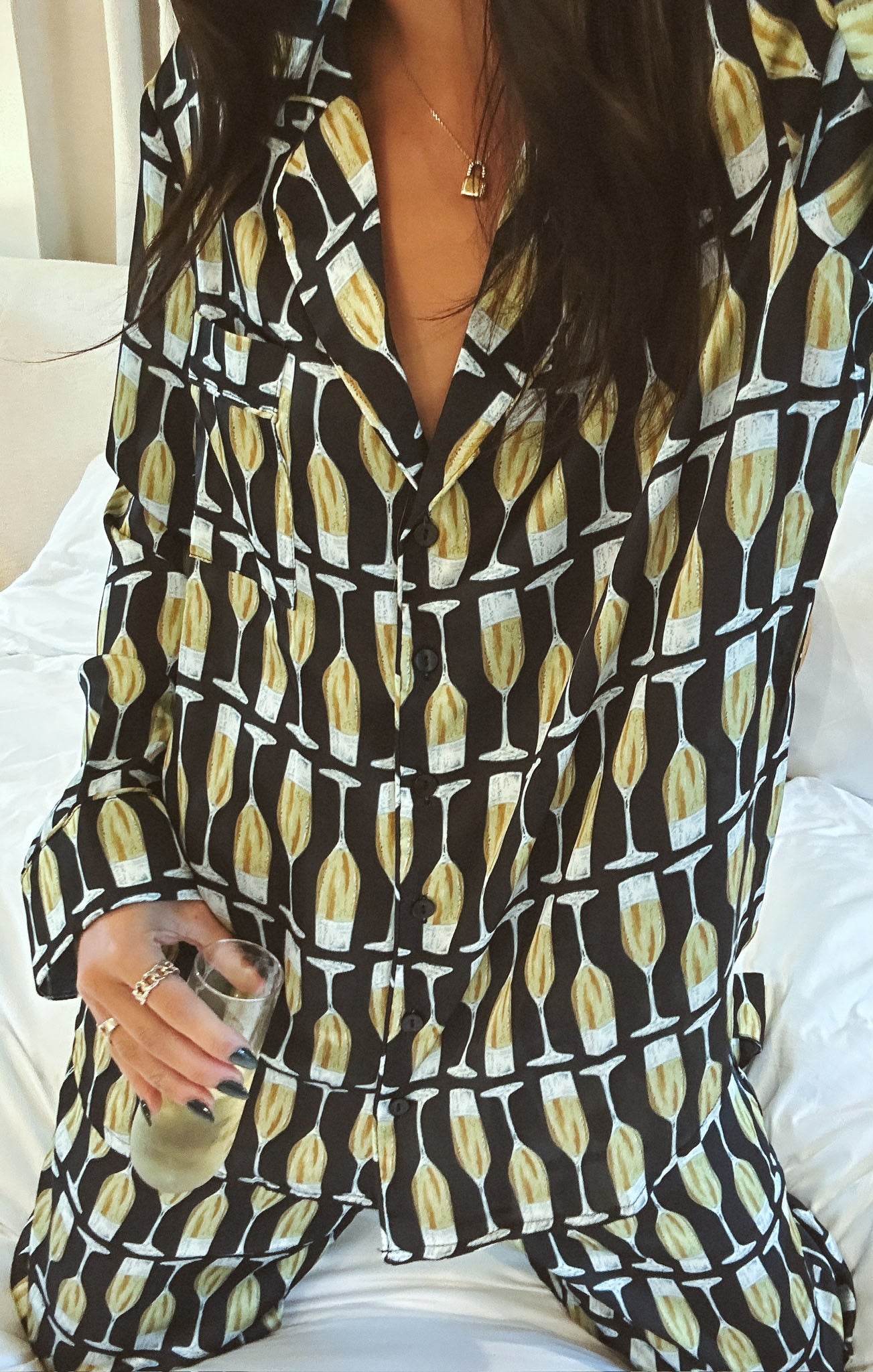 Silky Button-Down Pajama Set with Drawstring Waist | Champagne