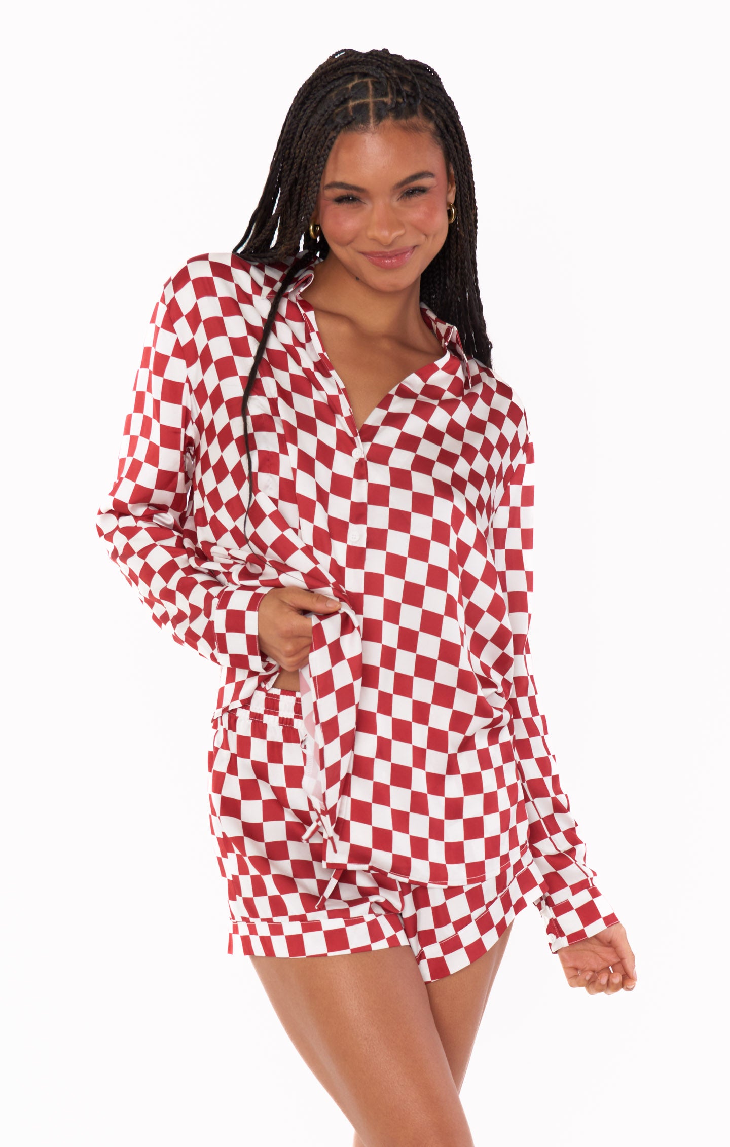 Red Checker Silky Pajama Set for Women | Early Riser