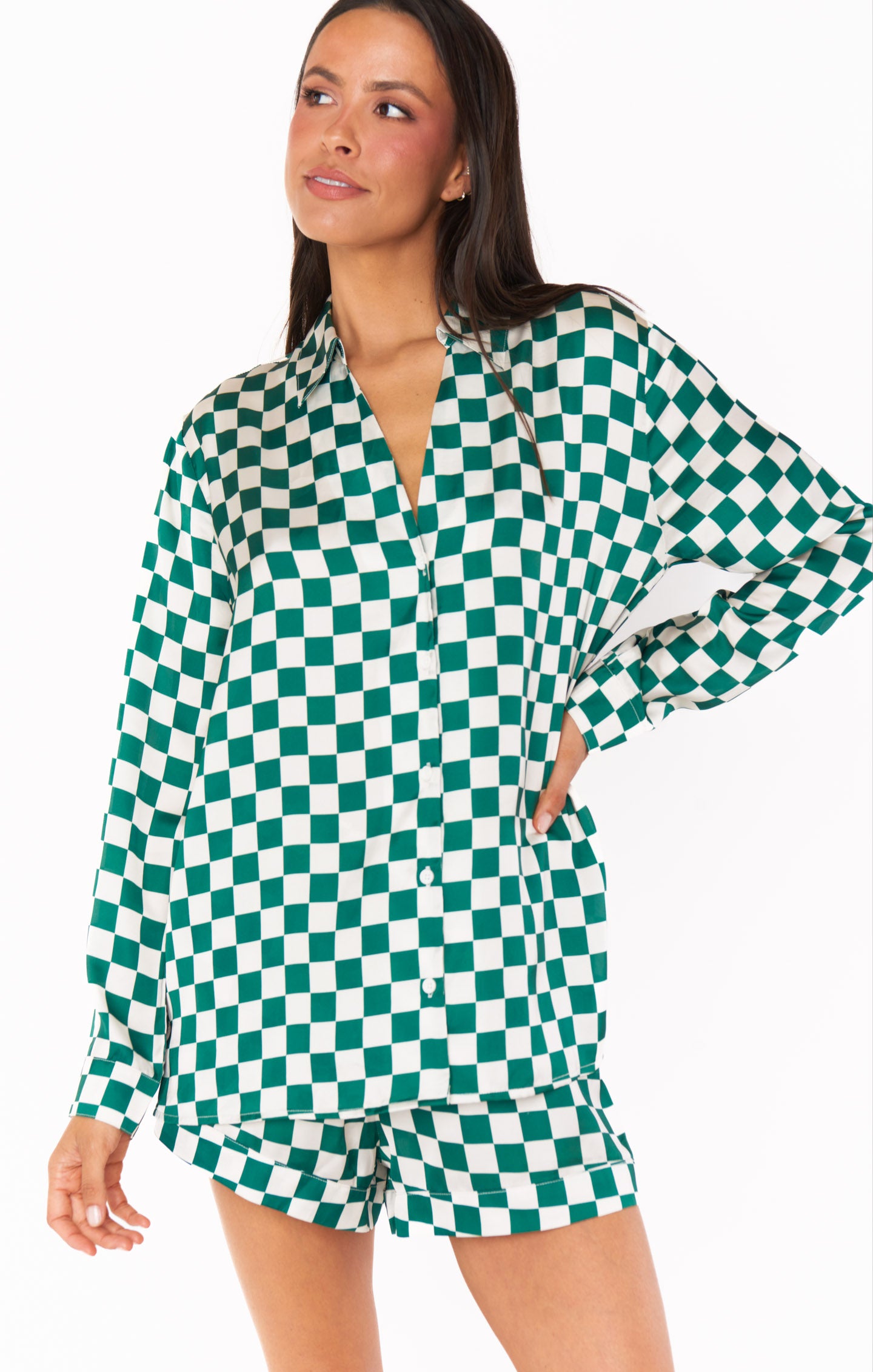 Silky Green Checkerboard Pajama Set for Women | Early Riser