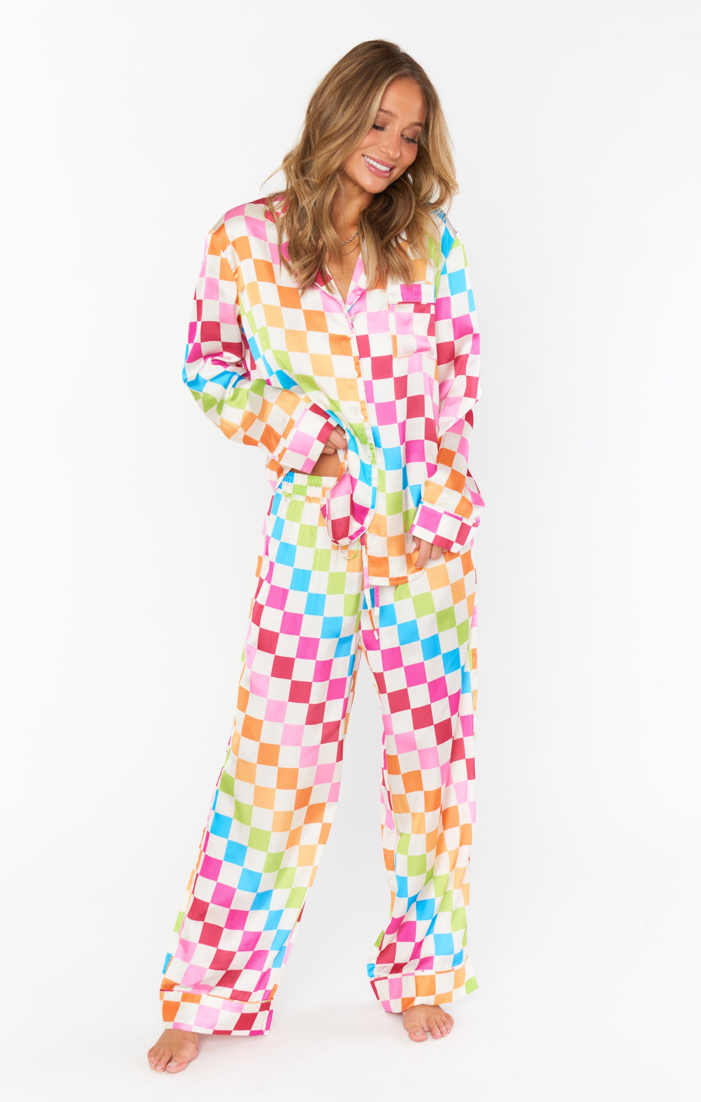 Silky Checker Pajama Set with Drawstring Waist | Classic PJ
