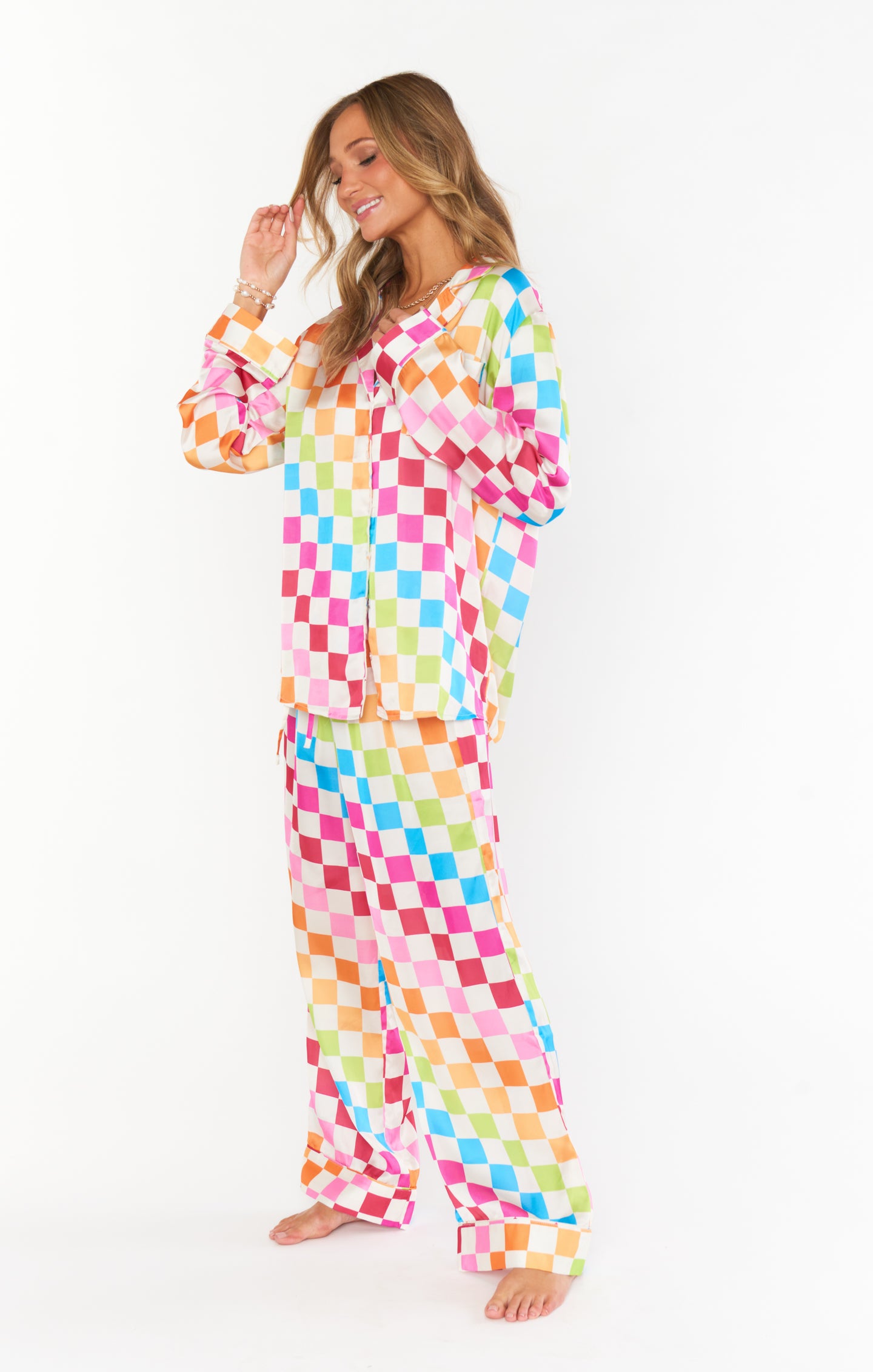 Silky Checker Pajama Set with Drawstring Waist | Classic PJ