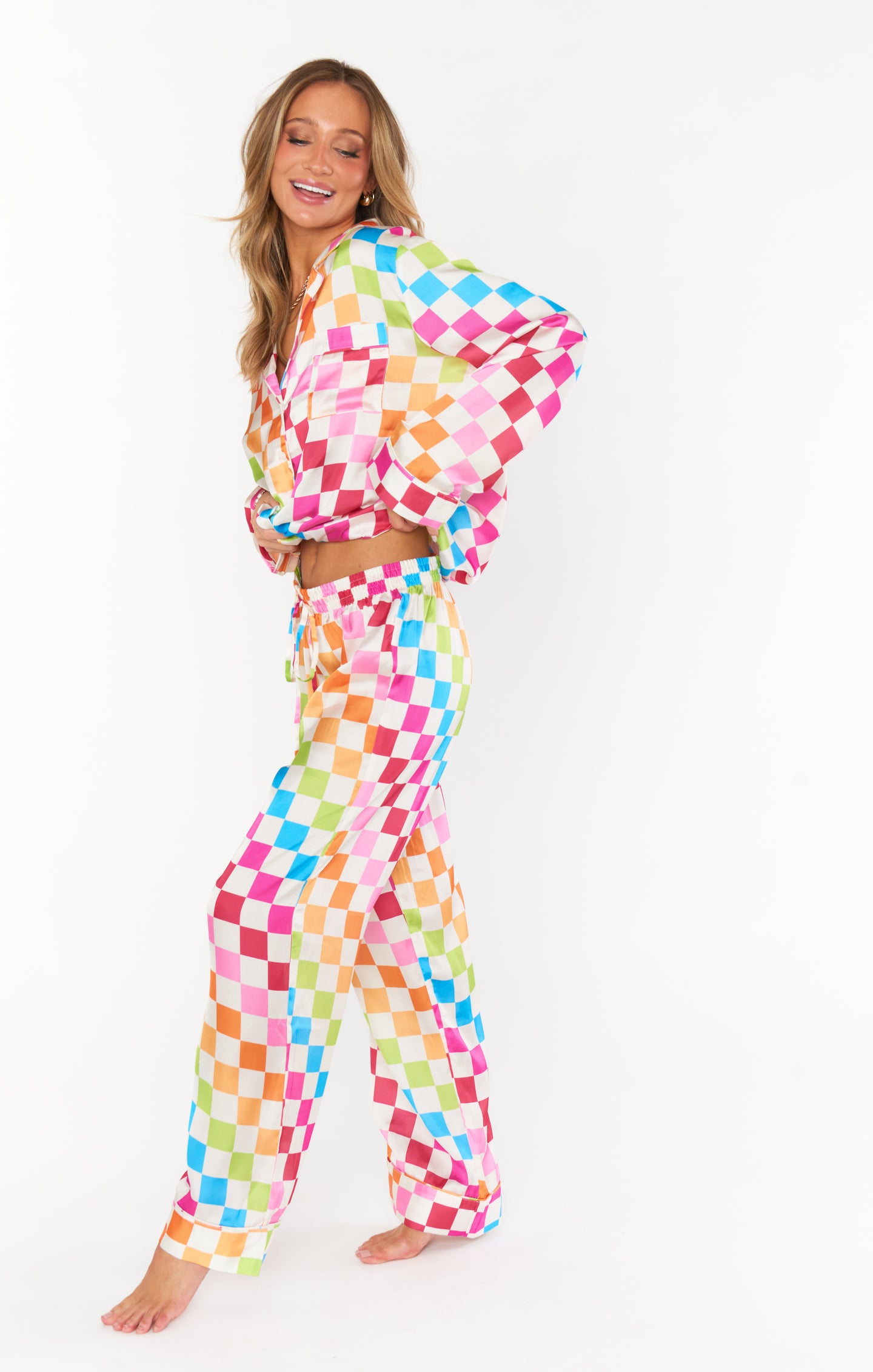 Silky Checker Pajama Set with Drawstring Waist | Classic PJ