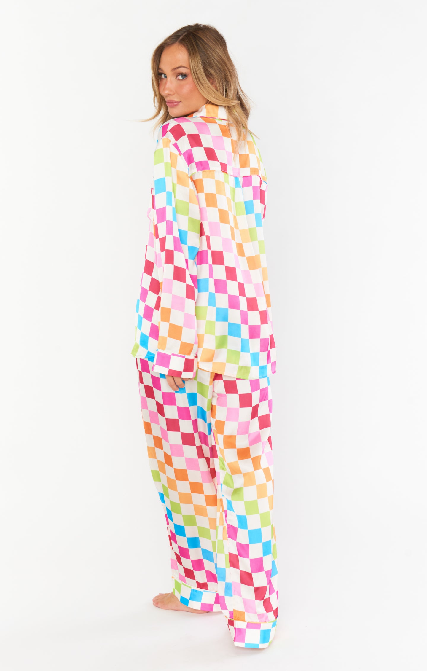 Silky Checker Pajama Set with Drawstring Waist | Classic PJ