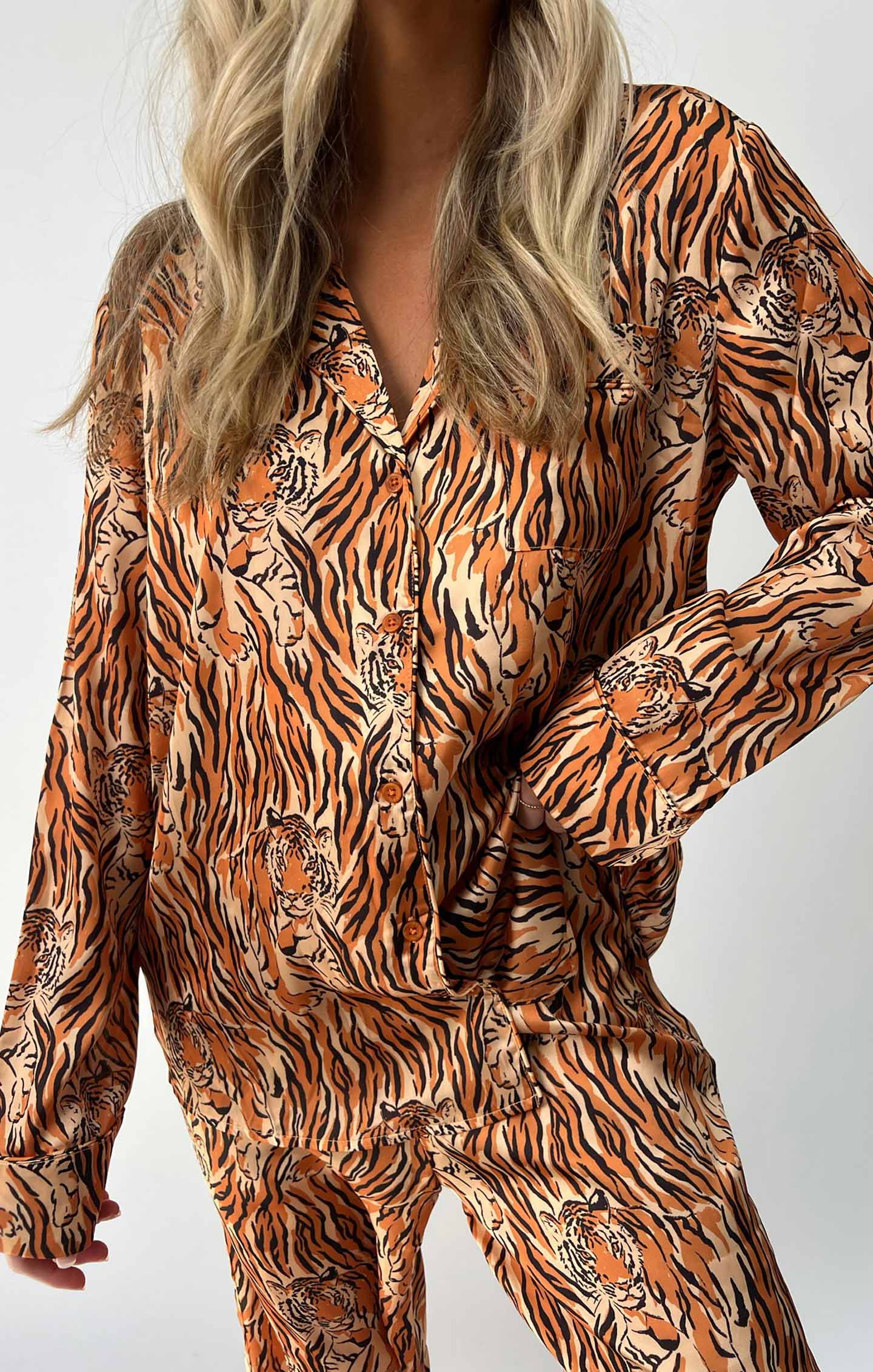 Silky Button-Down Pajama Set with Drawstring Waist | Royal Tiger