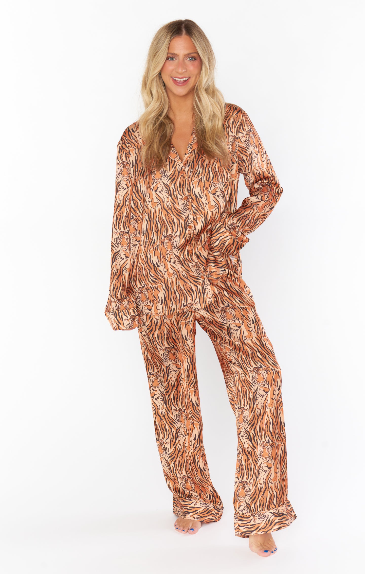 Silky Button-Down Pajama Set with Drawstring Waist | Royal Tiger