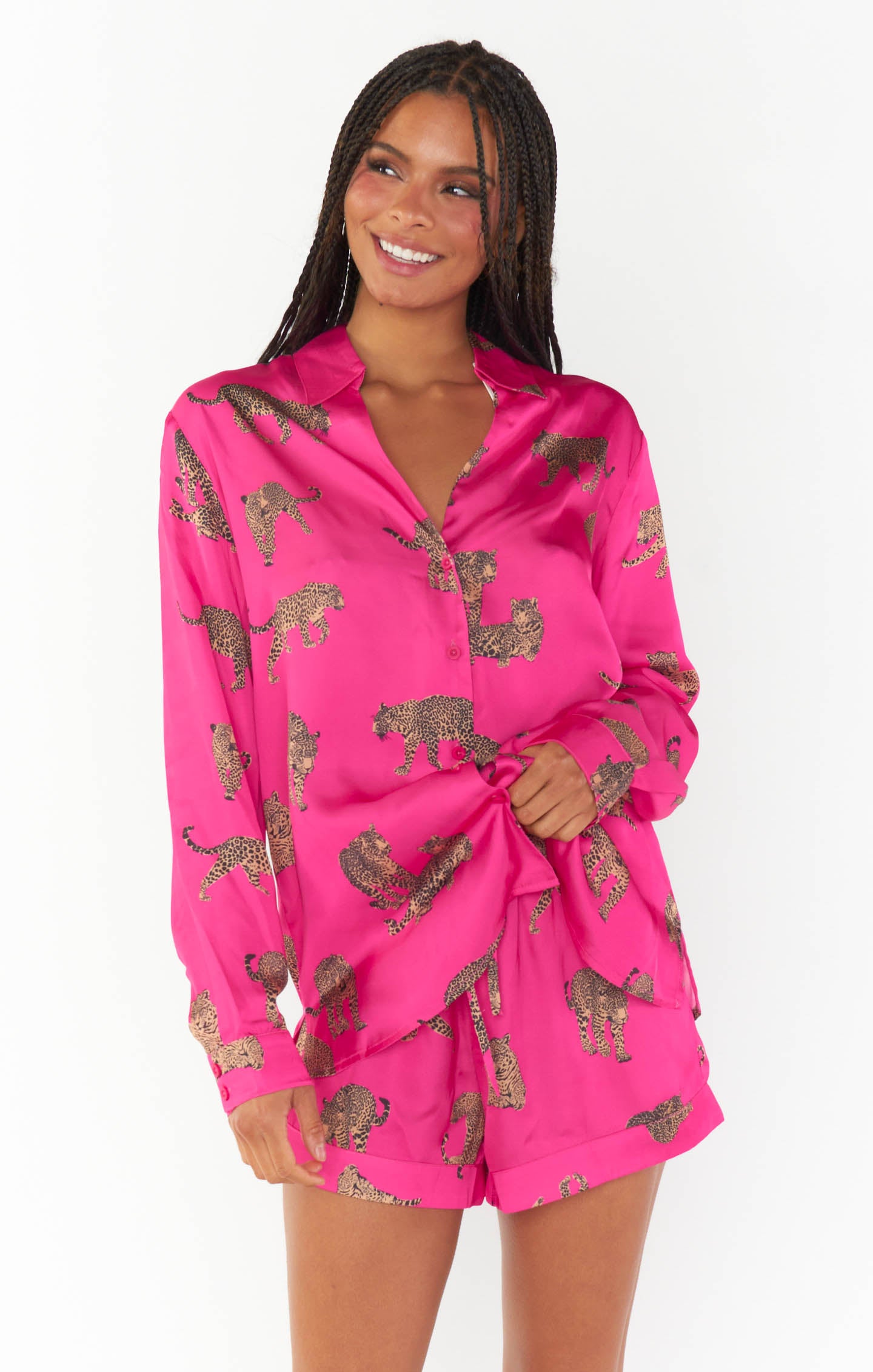 Silky Cheetah Print Pajama Set for Women | Fuschia Feline Fine