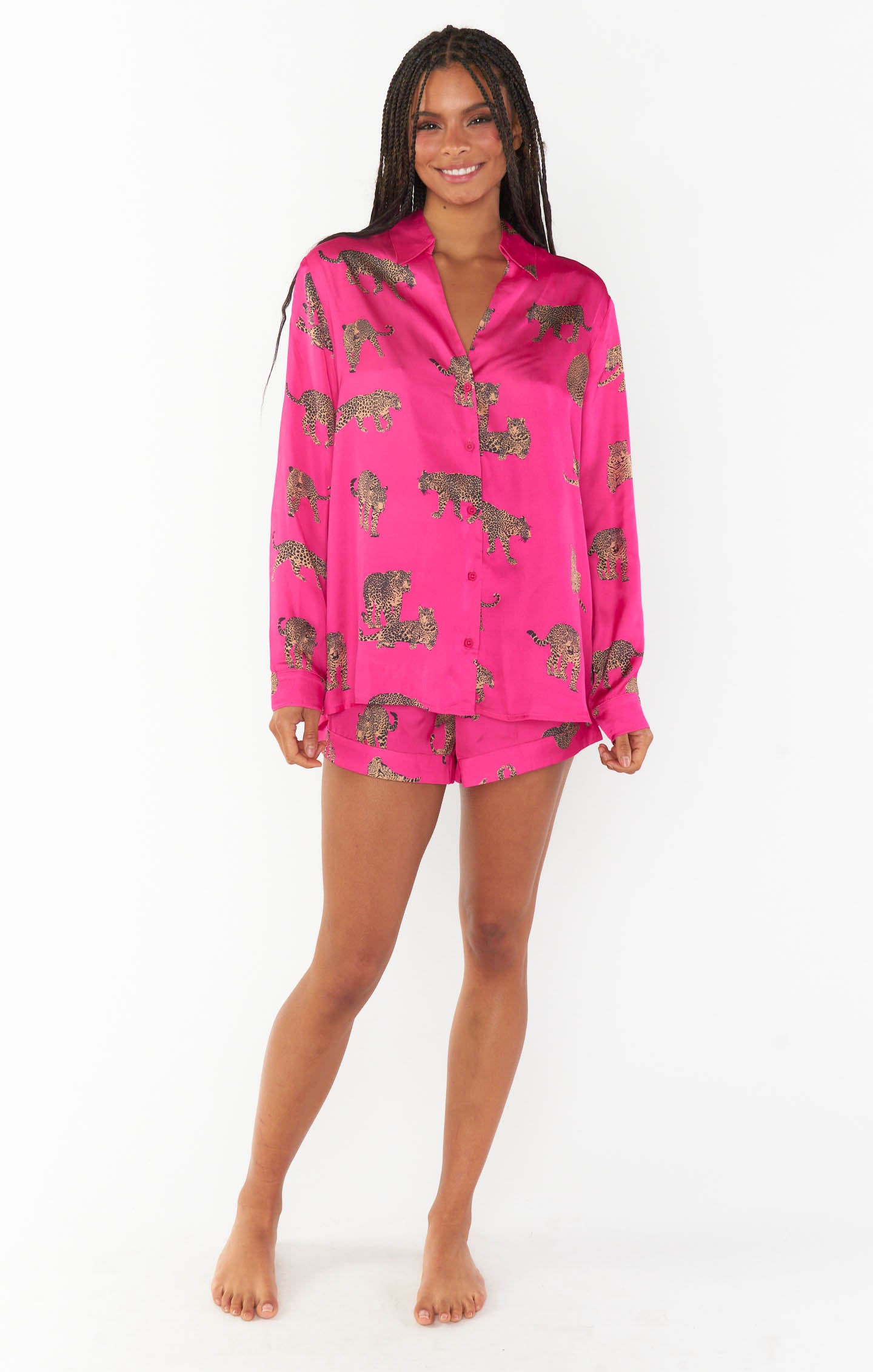 Silky Cheetah Print Pajama Set for Women | Fuschia Feline Fine