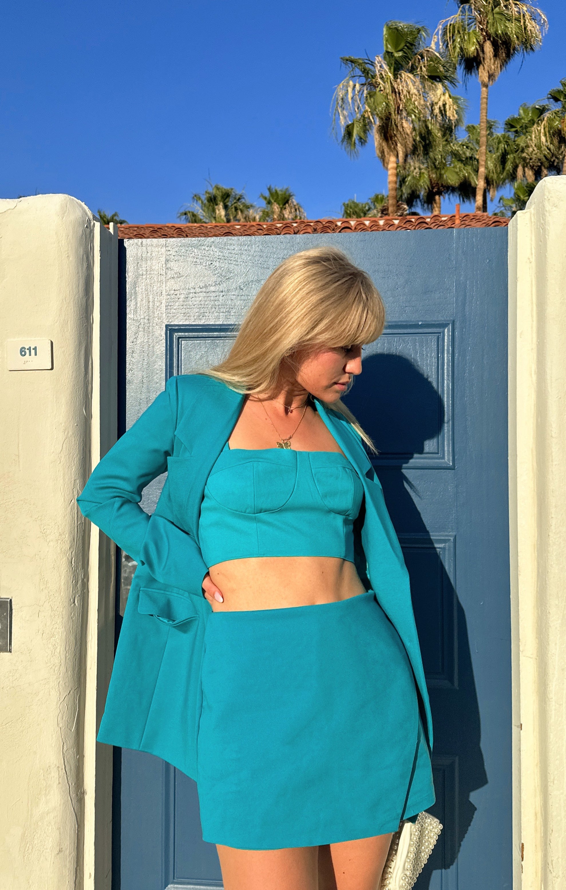 High Waisted Teal Skort with Asymmetrical Panel | Spencer Skort