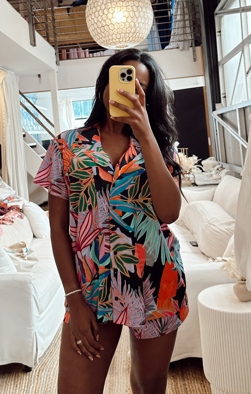 Tropical Print Sleep Set with Pocket & Button Down Top | Sunday Morning