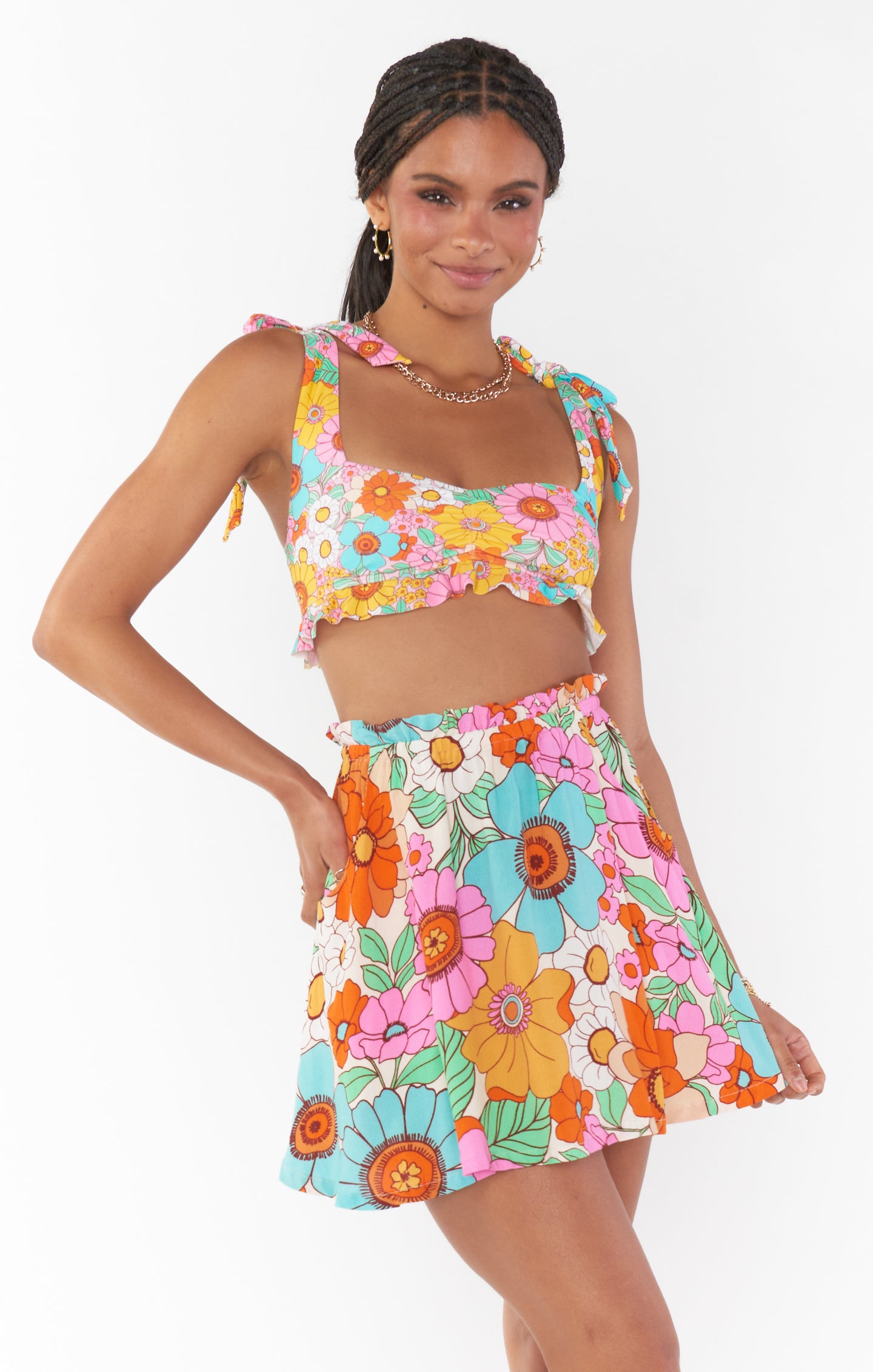 Floral Swing Skirt with Ruffled Trim & Elastic Waist | Heyday