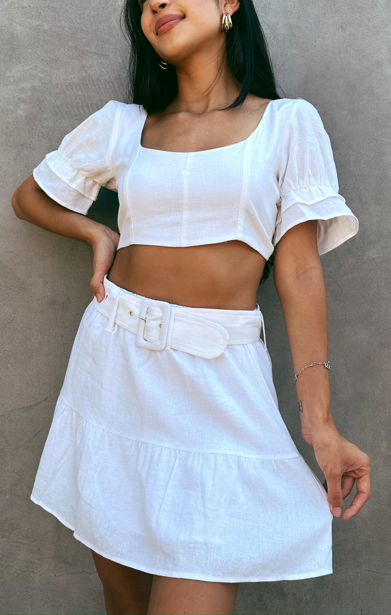 White Linen Mini Skirt with Ruffles & Adjustable Belt | Fiona
