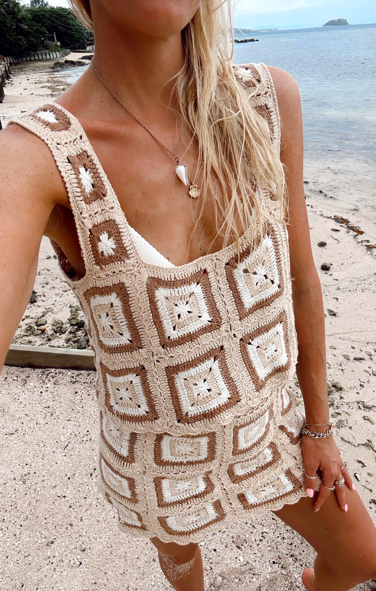 Crochet Mini Skirt with Elastic Waistband | Pisces Tan Square