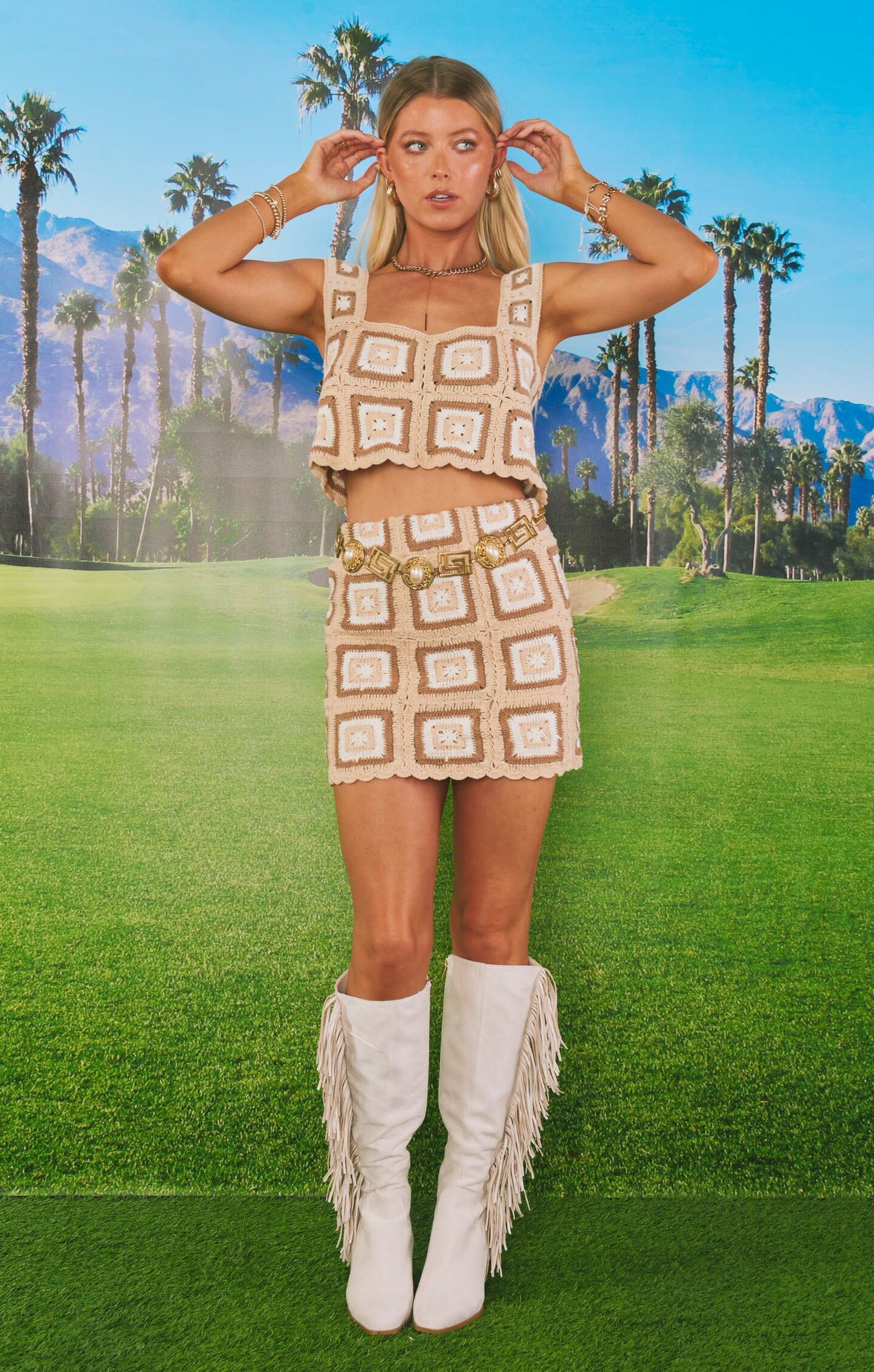 Crochet Mini Skirt with Elastic Waistband | Pisces Tan Square
