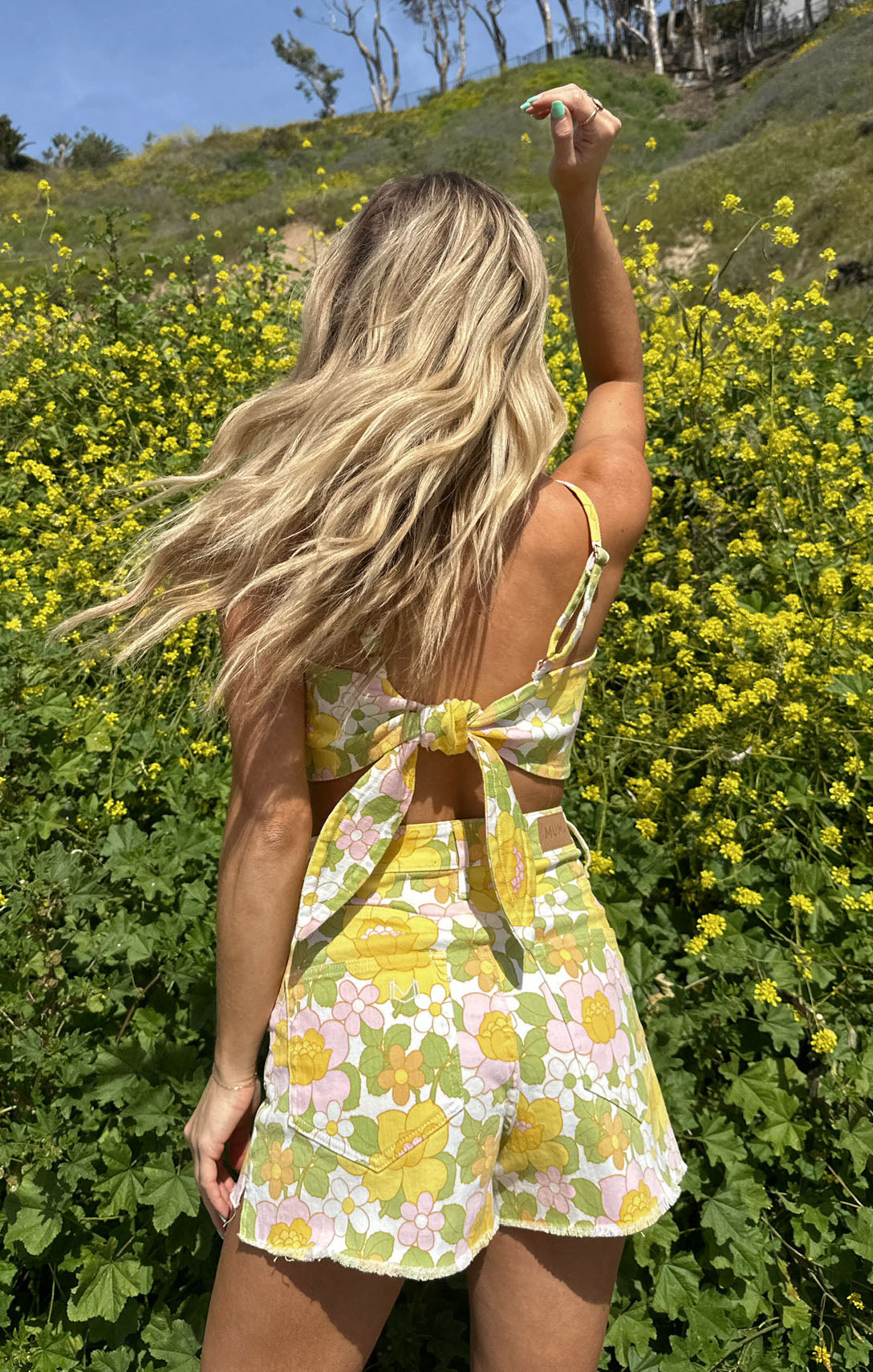 Floral Denim High Waisted Shorts with Raw Hem | Arizona