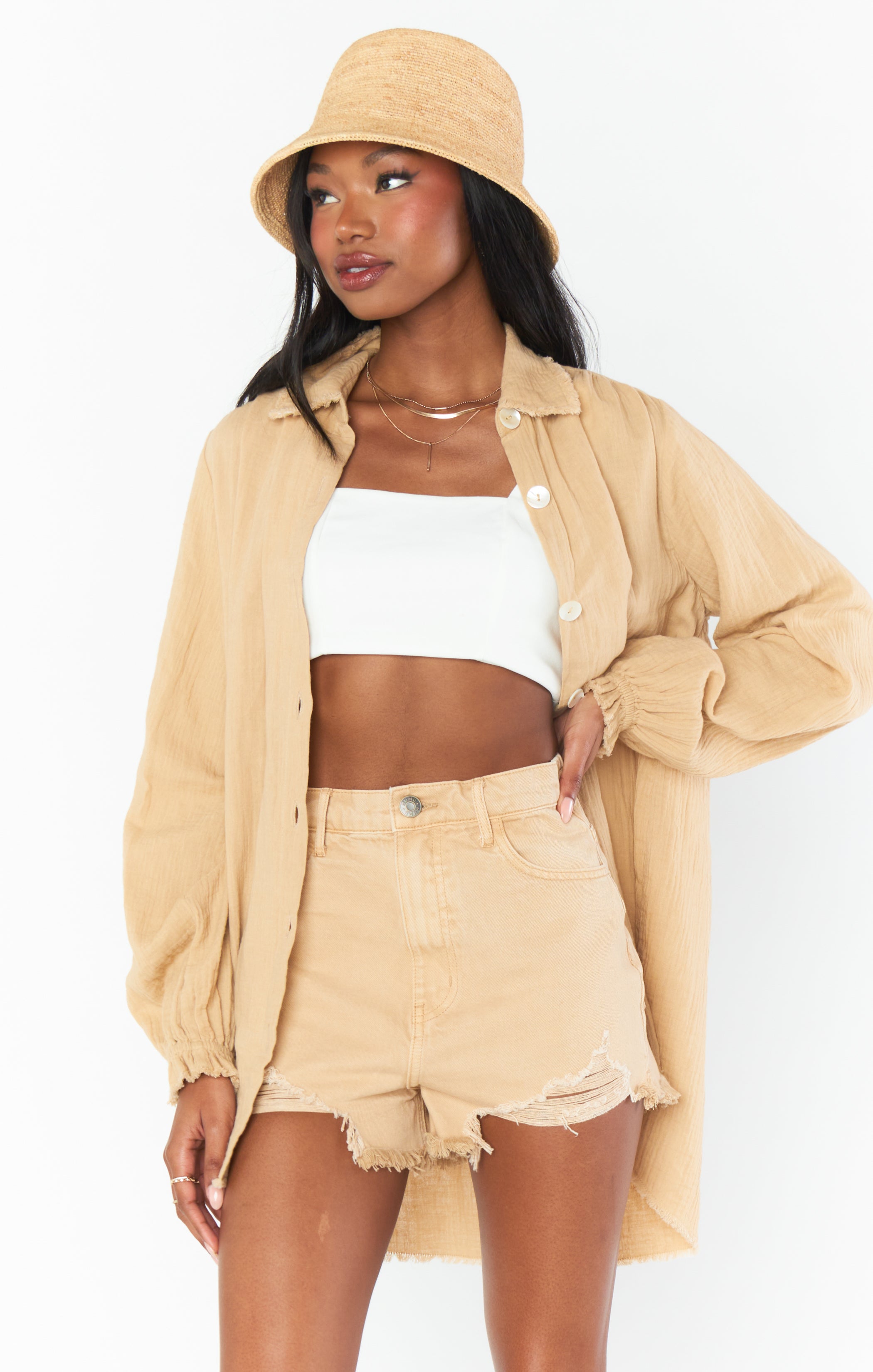High Waisted Denim Shorts with Elastic Waist | Tanline
