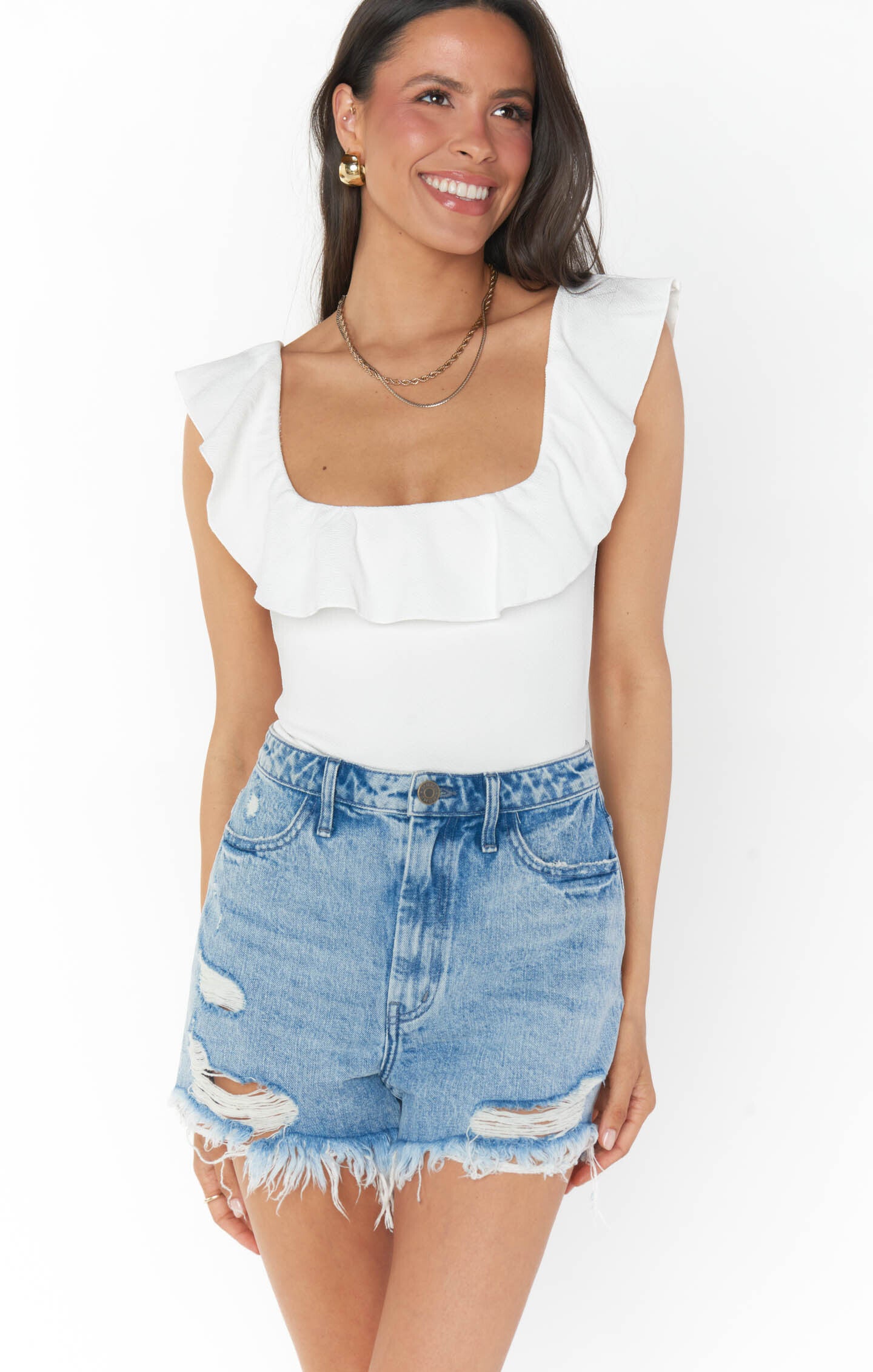 High Waisted Shorts with Pockets & Raw Hem | Vernon Breezy Blue