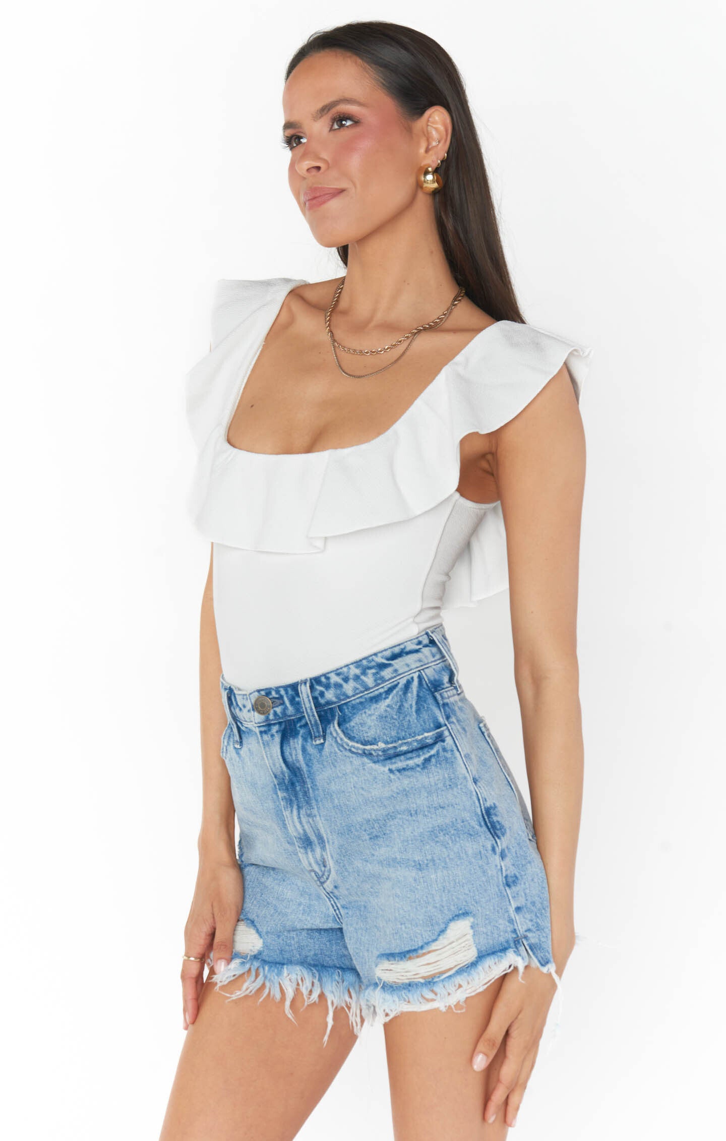 High Waisted Shorts with Pockets & Raw Hem | Vernon Breezy Blue