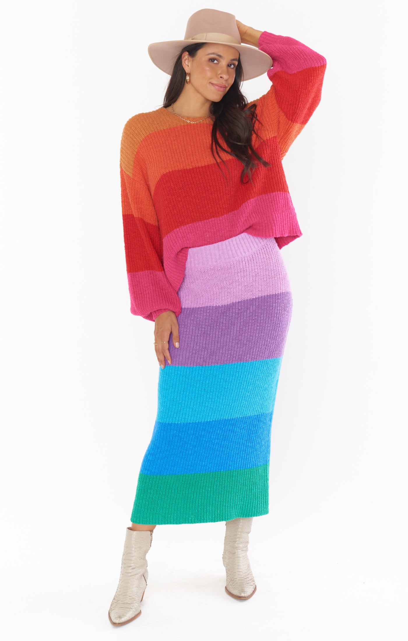 Sunset Stripe Knit Sweater Skirt | Pippa High Waisted Midi