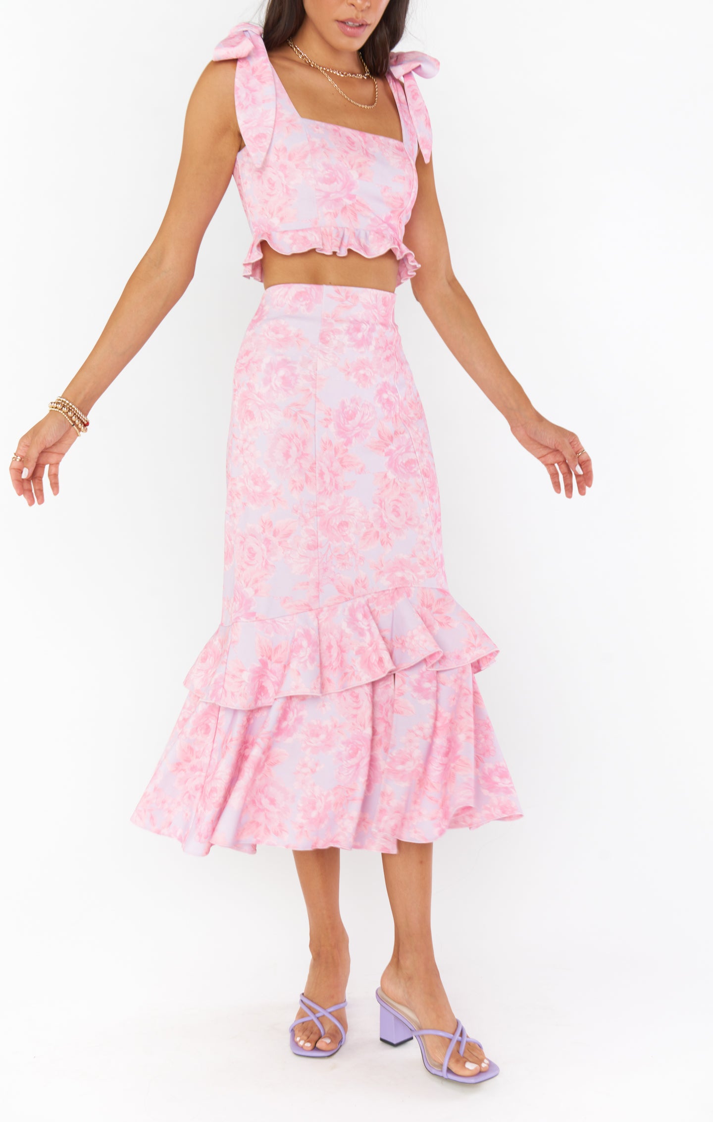 Blushing Floral Ruffle Maxi Skirt with Front Slit | Dutchess