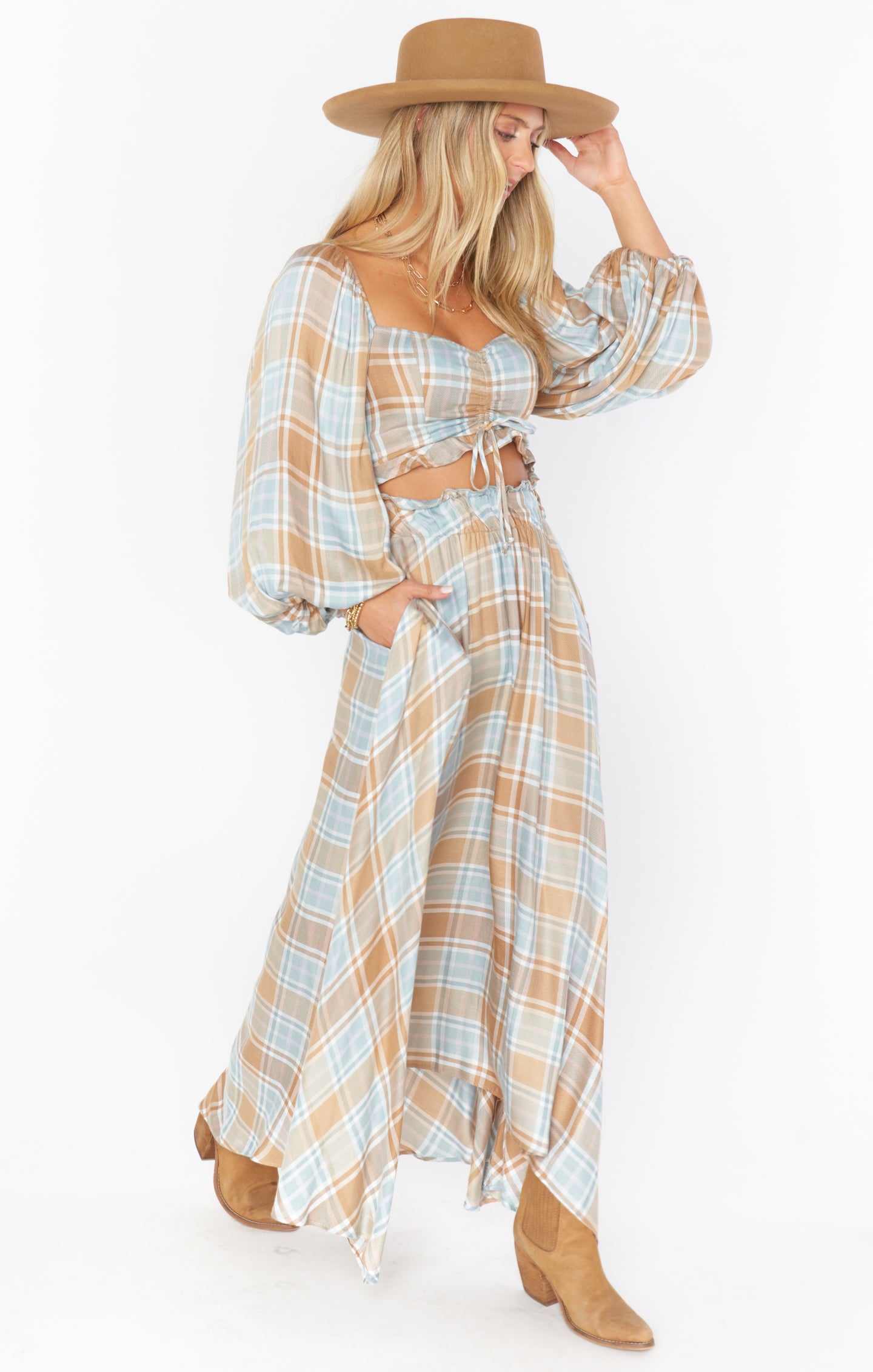 Plaid Midi Skirt with Elastic Waist & Pockets | Mariah